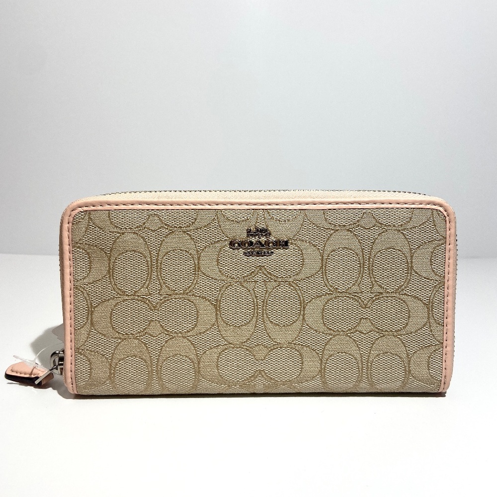 Coach Outline Signature Accordion Zip Wallet- Light khaki Light pink